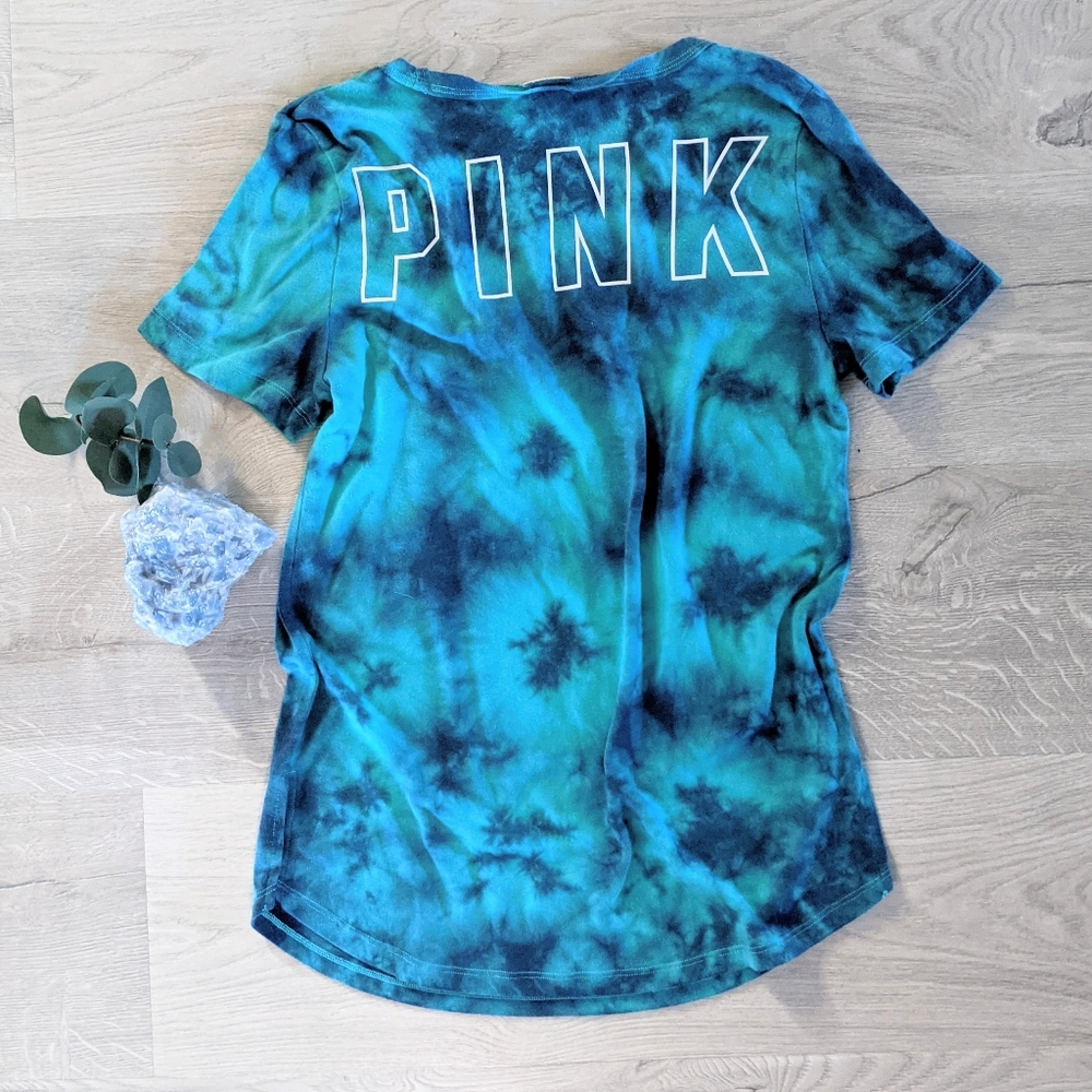 VS Pink V Neck Aqua Teal Blue Tie Dye Tee Shirt - Picture 6 of 6
